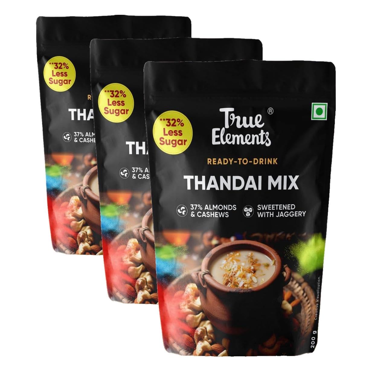 True Elements Ready-to-Drink Thandai Mix 200g | 32% Less Sugar | Sweetened with Jaggery | 28% Almonds & Cashews | Instant Festive Drink | No Artificial Flavours (Pack of 3)-image-5