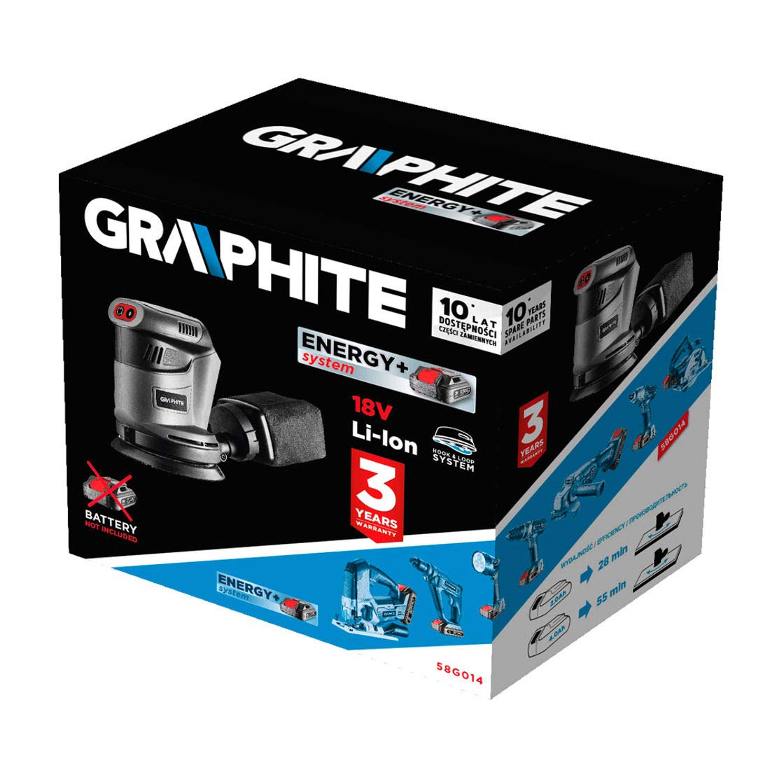 GRAPHITE Levigatrice eccentrica a batteria Energy+ 18V, platorello 125 mm, 5000/7000/9000 giri/min, 10000/14000/18000 giri/min, oscillazione 10000/14000/18000 giri/min, ampiezza di oscillazione 2,7 mm