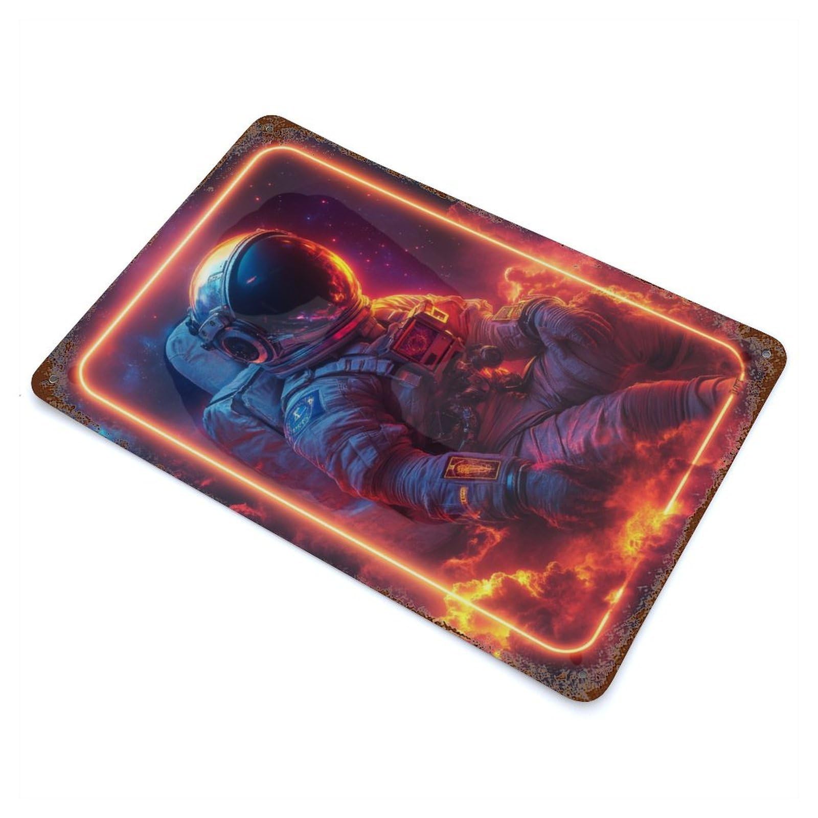 Garage Style Astronaut In Neon Frame Vintage Rust Metal Sign 11.8"x7.9", Retro Wall Decor for Bar And Workshop