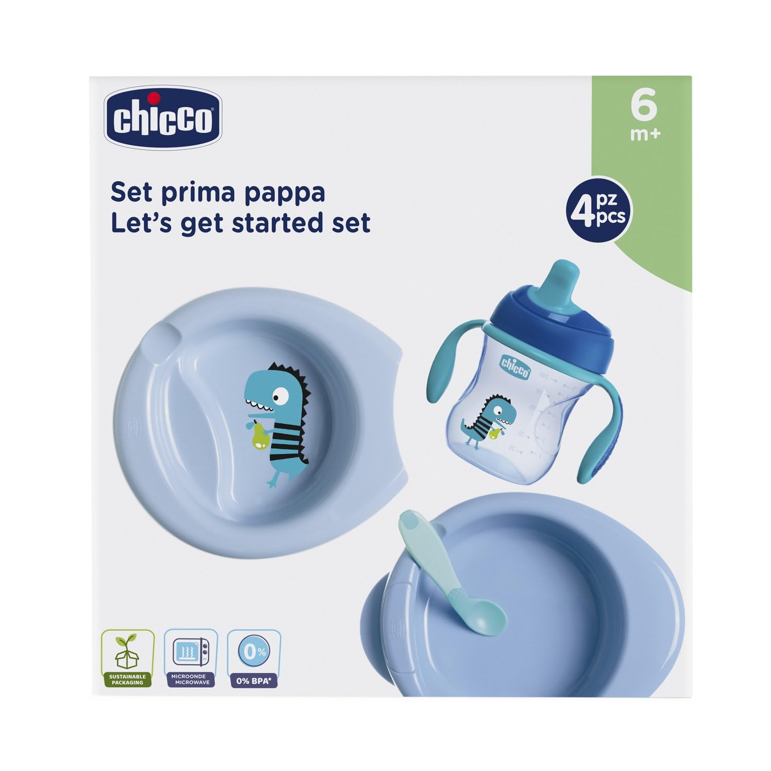 Chicco Set per la Pappa Composto da Tazza Training Cup, Primo Cucchiaio, Piatto Pappa Calda, Piatto Pappa Facile, Età 6 Mesi +, Blu, Versione per Bimbo