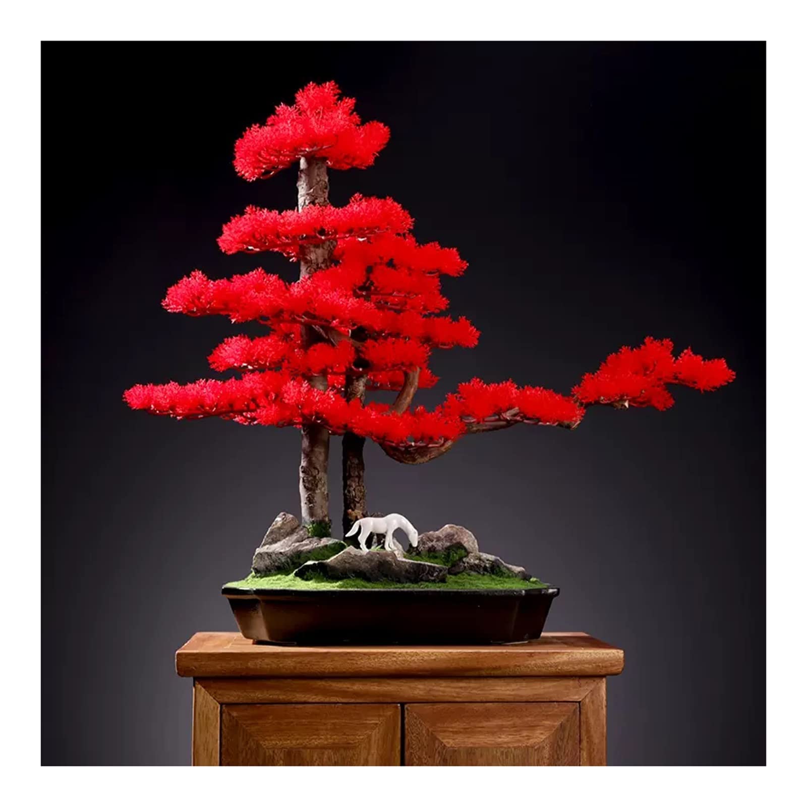 Bonsai artificiale Bonsai artificiale for interni, decorazione di grandi piante finte con vasi in ceramica, foglie rosse e scultura di pony, for tavolo da casa, scrivania, camera da letto, soggiorno,