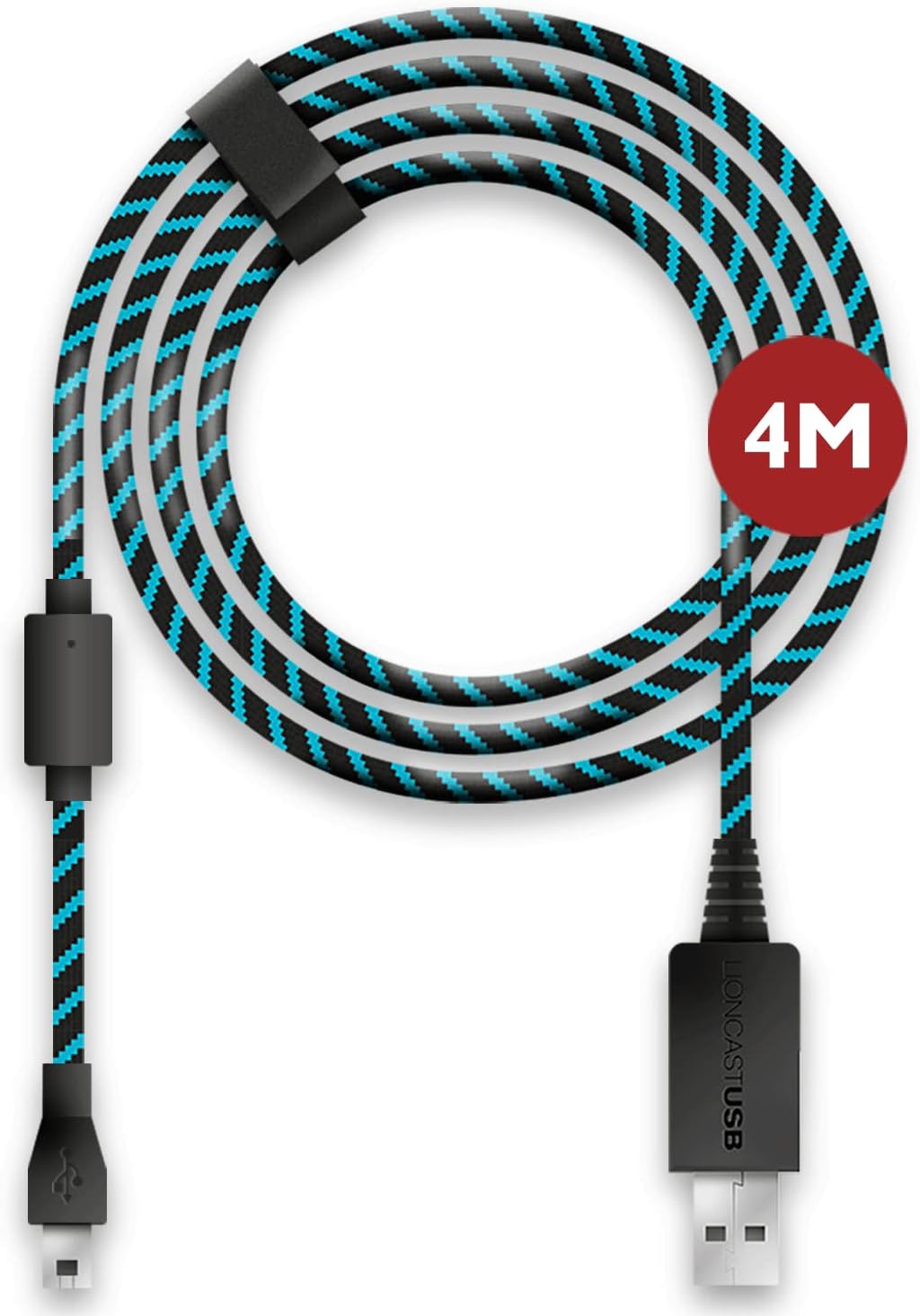 Lioncast Controller Charging Cable for Xbox One and PS4 with Textile Cover Protection and Cable Strap Organizer, Micro USB 2.0; 1 x 4 meters – Blue and Black