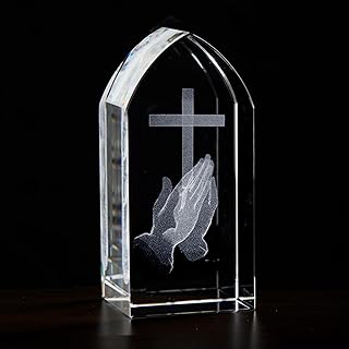 Needzo Praying Hands Etched Glass Figurine, Unique Catholic Home Decor, Religious Keepsake Gifts, 3.25 Inches