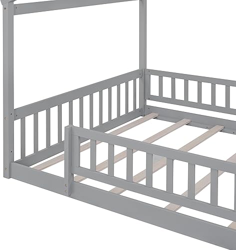 Miniatura 9 de Harper &amp; Bright Designs Cama de casa de tamaño matrimonial para niños, cama Montessori con rieles en forma de valla, marco de cama de tienda de
