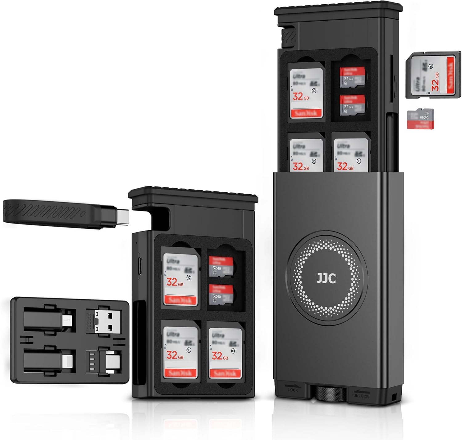 Multi SD Card Reader Case with High-Speed USB C 3.1 Gen 2 Cable & 24 Slots SD/TF Card Holder & Light/Type A/MicroUSB/OTG Adapter for Travel Phones