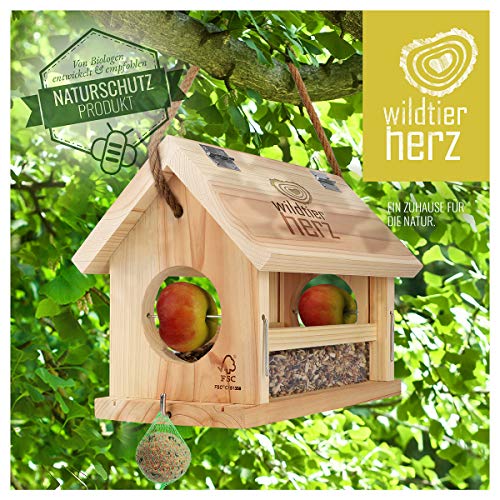 wildtier herz I Vogelfutterhaus M Handarbeit aus Natur-Holz für Gartenvögel wetterfest, naturbelassen I 30cm x 23.5cm x 20cm | Vogelhaus zum Aufhängen im Garten und Balkon