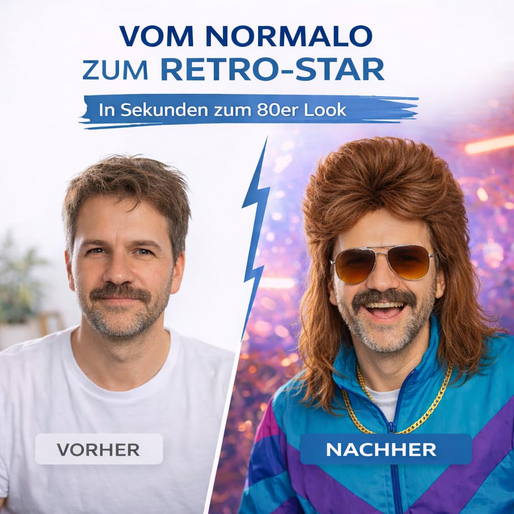 Kostümheld® Vokuhila Assi Peruka męska jako dodatek do kostiumu Vokuhila w stylu retro z lat 80-tych i 90. karnawałowych
