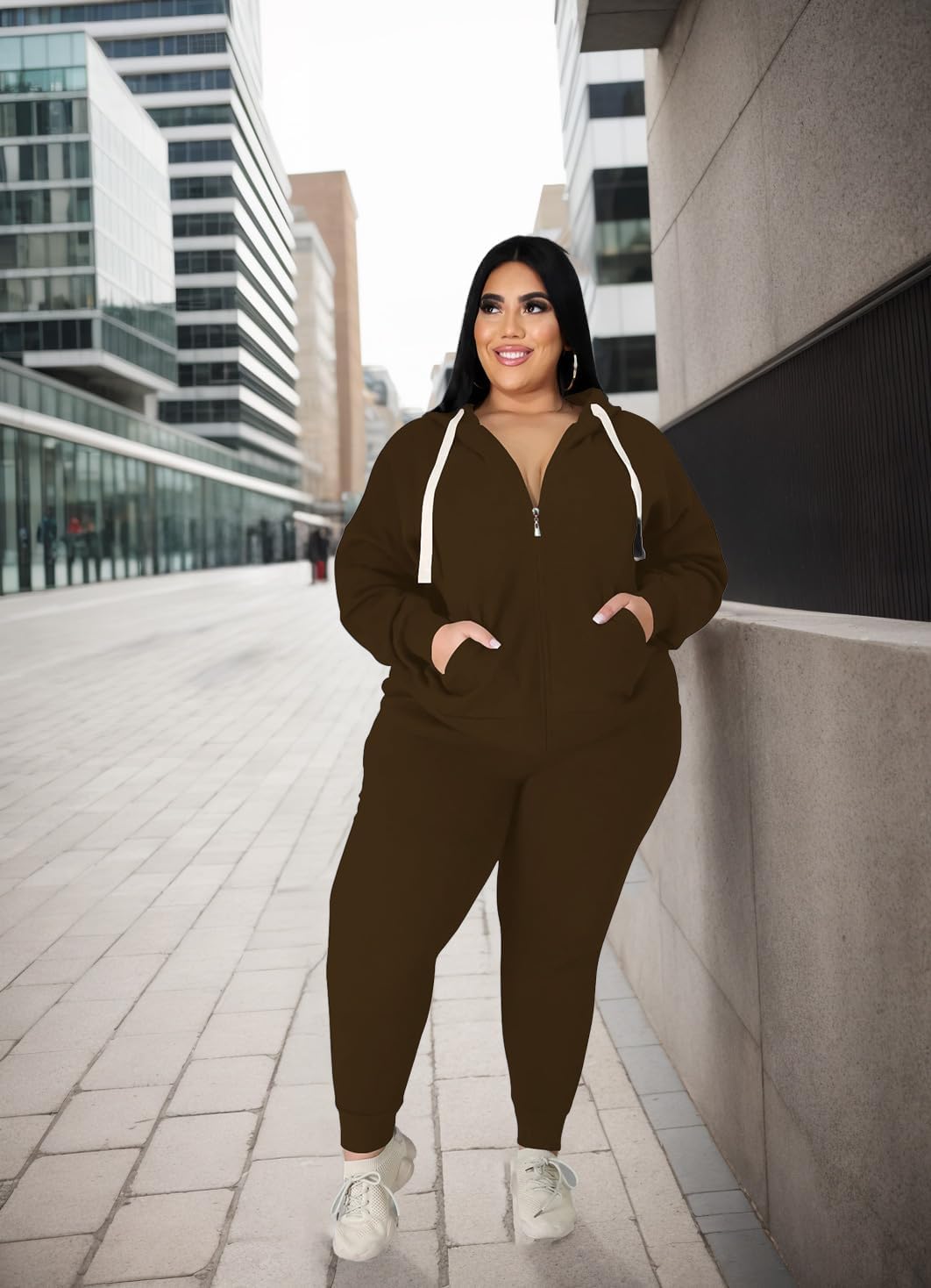 YeGine Womens Plus Size Two Piece Outfits Sweatsuits Casual Long Sleeve Set With Pockets - Image 5