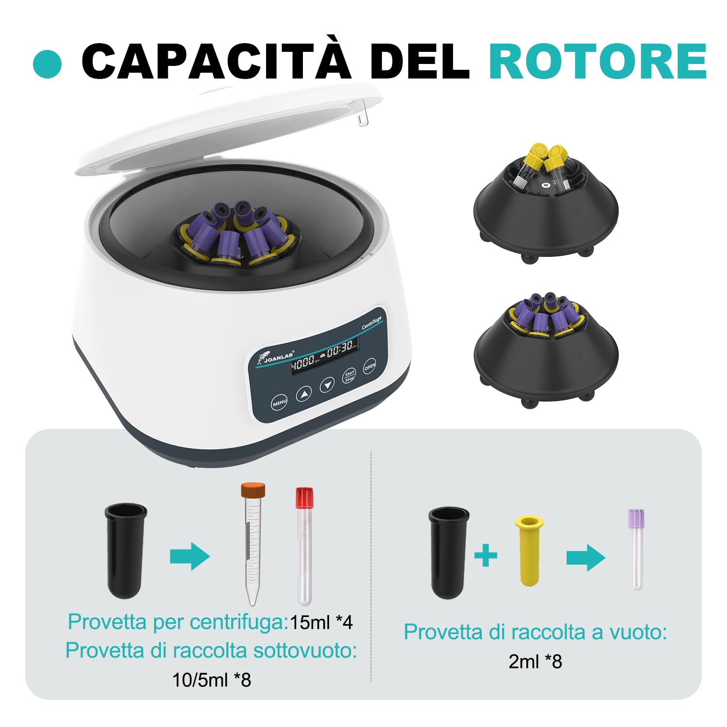 JOANLAB LC-400 Centrifuga da Laboratorio Bassa Velocità per PRP/PRF, 4000 RPM, 1717 xg, Timer 30s-59min, per 4x15ml o 8x2/5/10ml Tubi