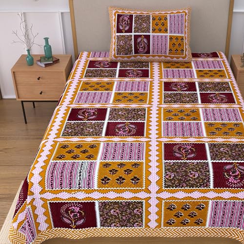 Image of 100% Cotton Single Bedsheet with 1 Pillow Cover | 240 TC Pure Cotton Flat Bed Sheet | Traditional Jaipuri Printed Bedding Set | Soft & Breathable | 60 x 90 Inch (Rangmahal Single 62)