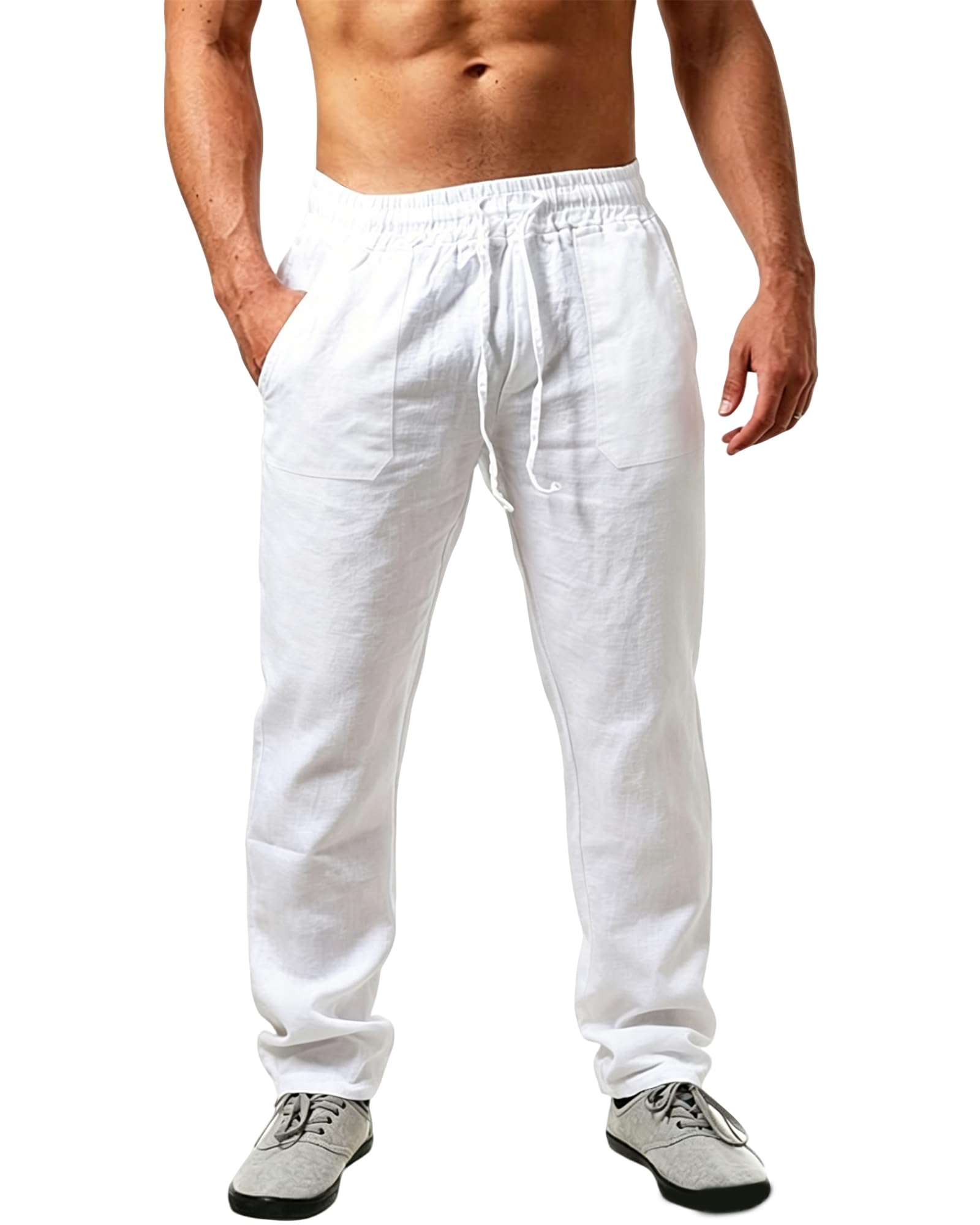 Pantalon Coton Lin Homme Décontractés de Plage Léger Été Casual Yoga Pants avec Cordon Elastique S-2XL
