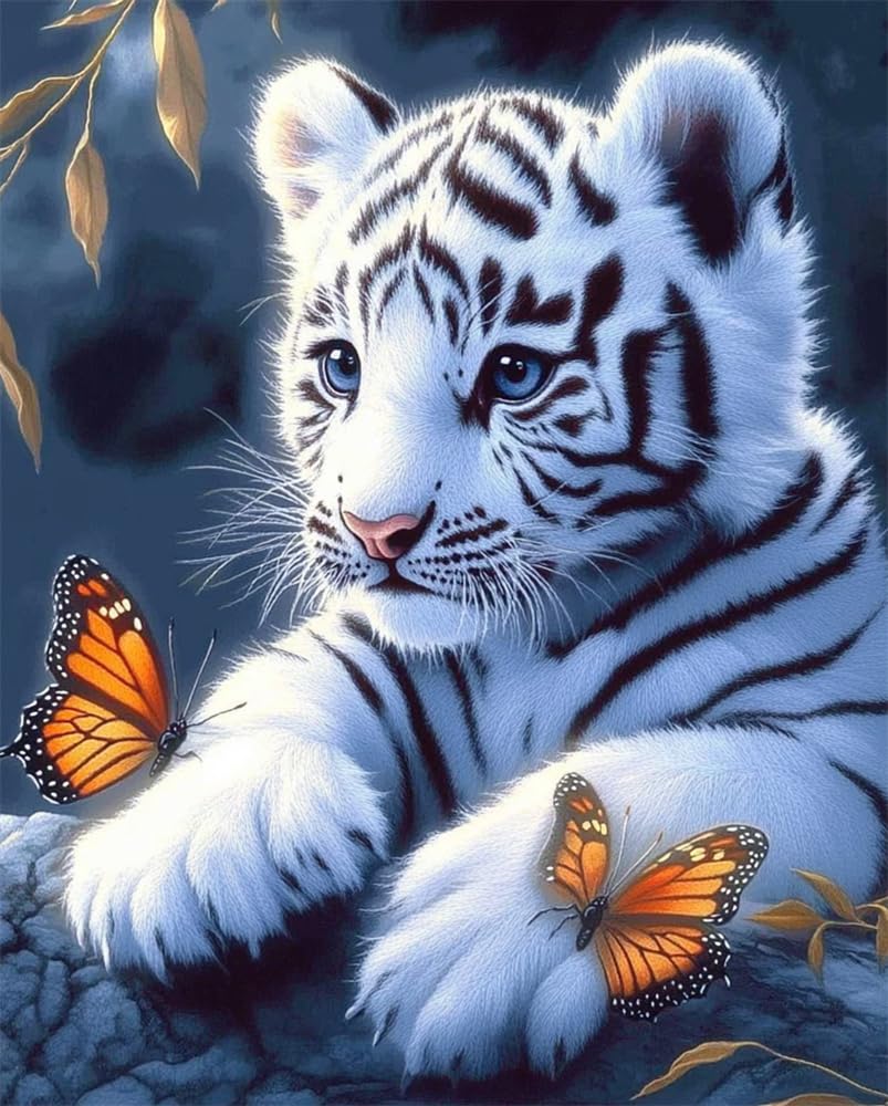 Henypt Diy Kreuzstich Perlenstickerei Set -Weißer Tiger Und Schmetterlingsjunges Diy-Stickerei Mit Perlen,Kreuzstich-Set,Perlenstickerei-Sets Mit 3Mm-Perlen Für Handarbeiten