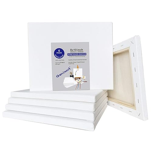Genixart 8x10 Inch White Blank Stretched Canvas, Pack of 6, Primed Professional Artist Canvases for Acrylics & Oils Painting (100% Cotton, 5/8 Inch Profile) - 8"x10", 6Pack