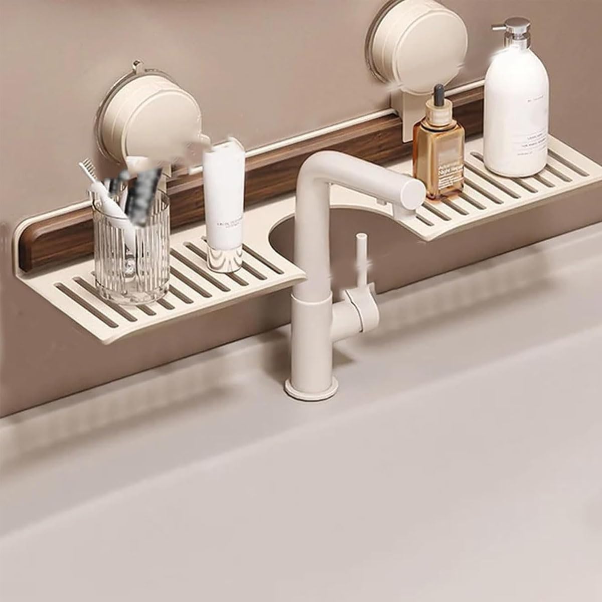 ZQFHSX White Wall Mounted Walnut Bathroom & Kitchen Suction Cup Shelf Over Faucet Rack Removable Vanity Tray for Sink Storage (40cm)