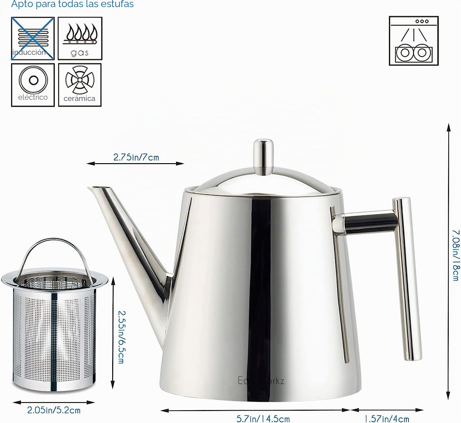 Easyworkz Tetera de acero inoxidable con infusor extraíble, tetera de estufa de 1500 ml