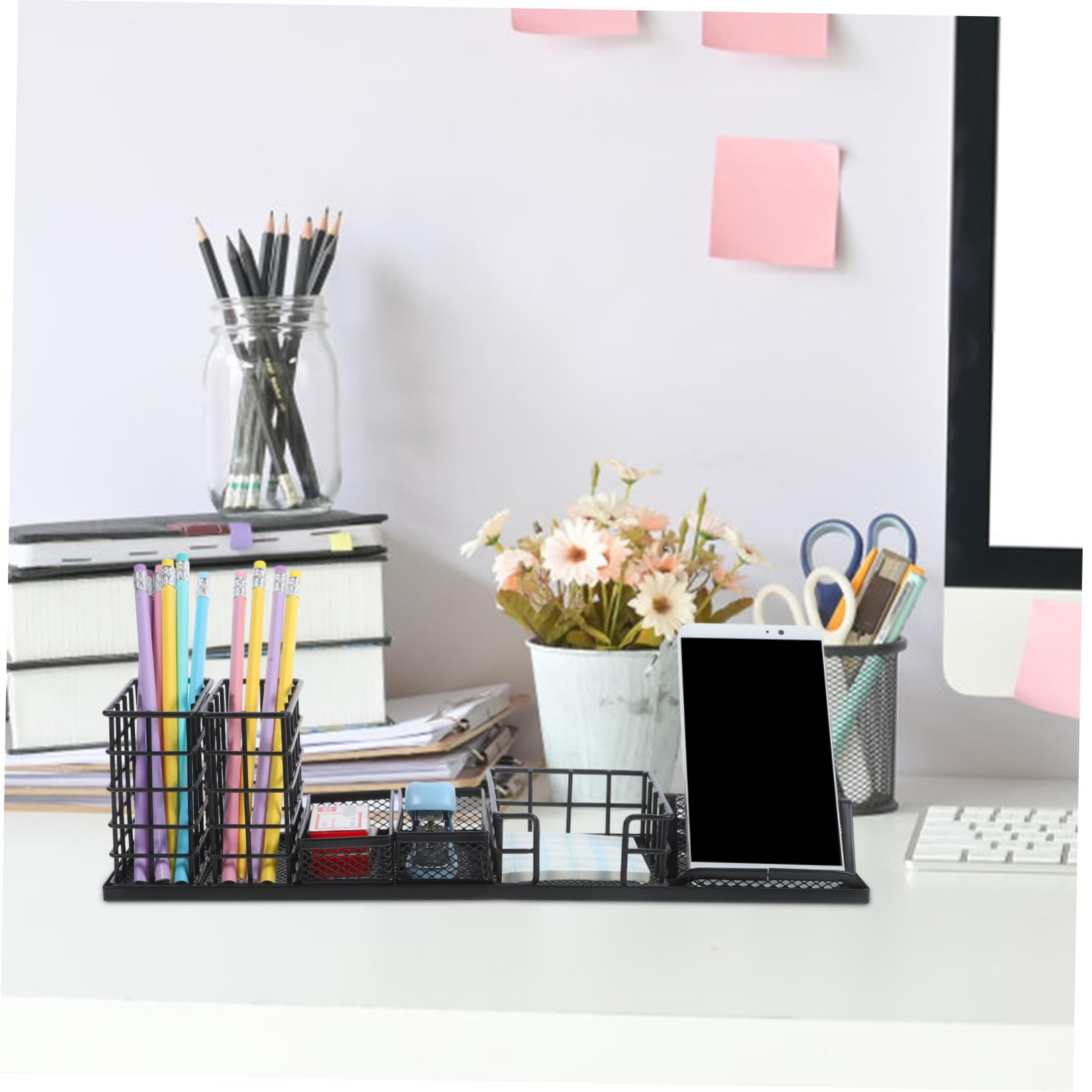 PRETYZOOM Organizador de Escritorio de Metal Negro 7 Piezas Soporte de Papelería y Maquillaje Diseño de Almacenamiento Multifuncional para Oficina y Hogar