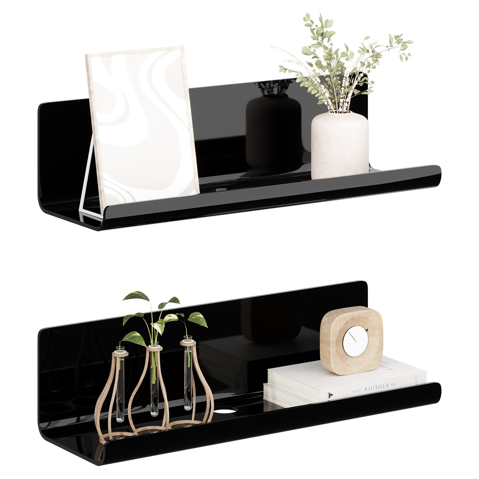 Black Wall Shelf, No Drilling, Set of 2, Acrylic Wall Shelf with Round Cable Hole, Floating Shelf with Cable Clips for Kitchen, Bathroom, Bedroom, Living Room, Office, Playroom (30 x 10 x 8