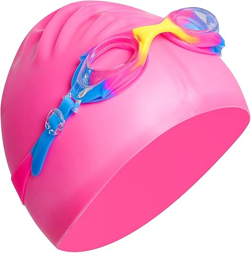 Miniatura 3 de Gorro de natación para niños y niñas, gorro de natación de silicona para cabello corto con gafas de natación y clip para la nariz, gorras de baño