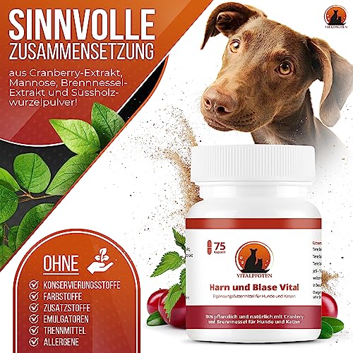Vitalpfoten 75 Harn und Blase Vital Kapseln für Hunde & Katzen mit Cranberry, Mannose und Brennnessel, pflanzliche Hausmittel - Rezeptur für die Blase und Harnwege