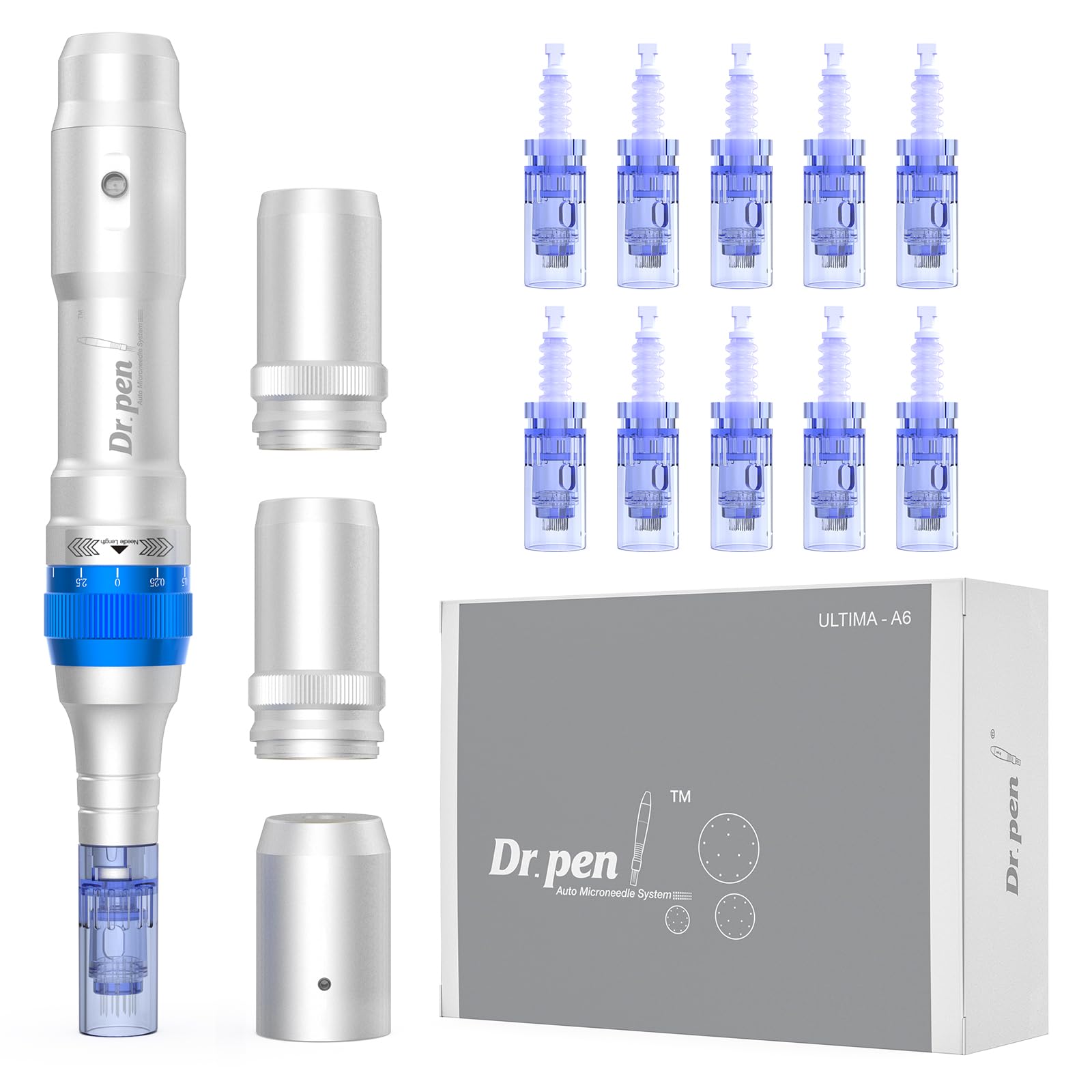 Dr.Pen - Penna per microneedling A6 per viso e corpo, Derma Pen per siero cicatrici a 5 velocità di profondità, regolabile, con 2 batterie di riserva e 10 cartucce, con cavo a 36 pin e spina UK