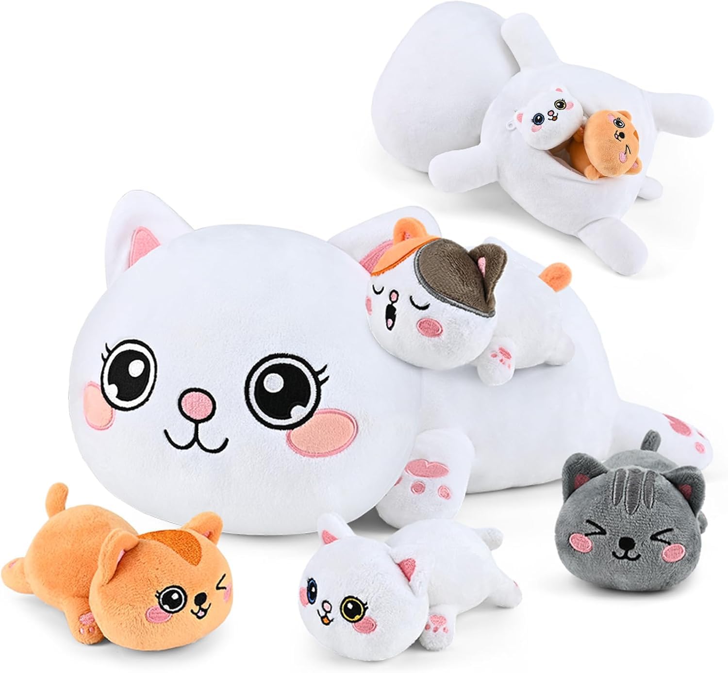 KMUYSL Cat Stuffed Animals Toys for Ages 0 1 2 3 4 5 6 7 8+ Years Old Kids - Mommy Cat with 4 Baby Kitty in Her Tummy, Idea Xmas Birthday Gifts for