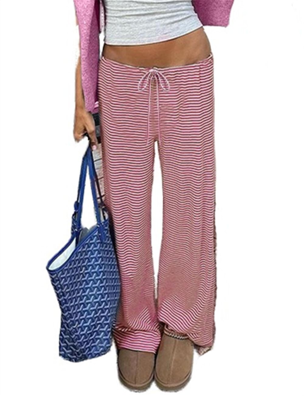 Womens Lounge Striped Wide Leg Pants Low Rise Baggy Pajama Pants