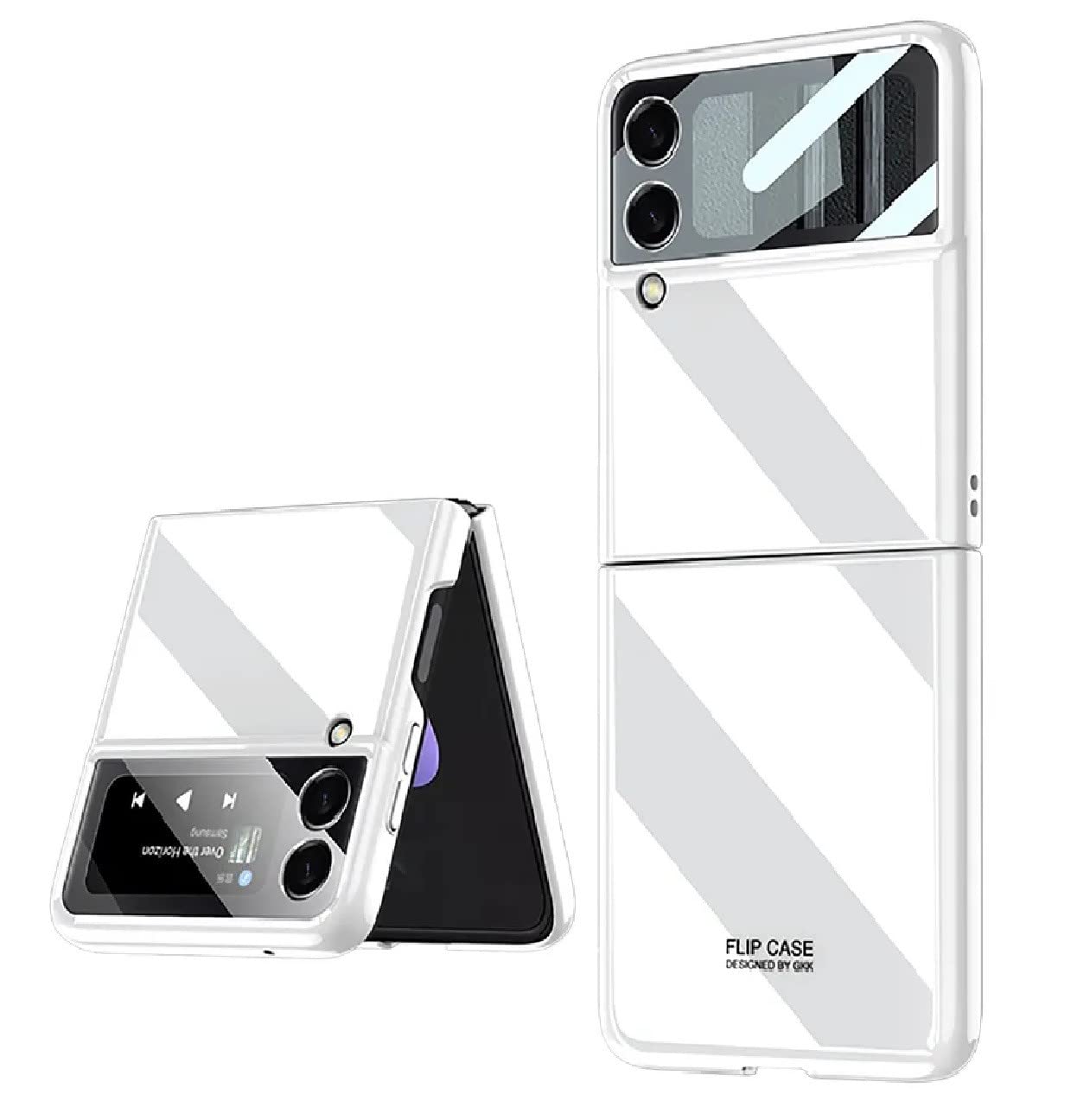 Samsung Z Flip 3 Case Cover with Front Glass. Thin Tempered Glass Electroplated PC Back Cover Protection Slim New Phone Cases For Designed for Samsung Galaxy Z Flip 3 (White)