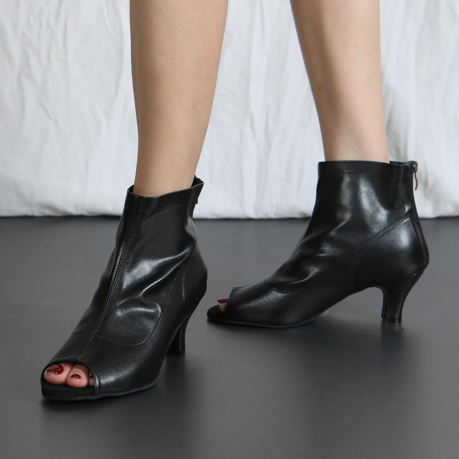 SWDZM Stivali Ballo Latino Donna Punta Aperta Pelle Sintetica | Tomaia in ecopelle morbida ed elastica con punta aperta,pratica cerniera posteriore,suola in pelle scamosciata,tacco da 6 cm
