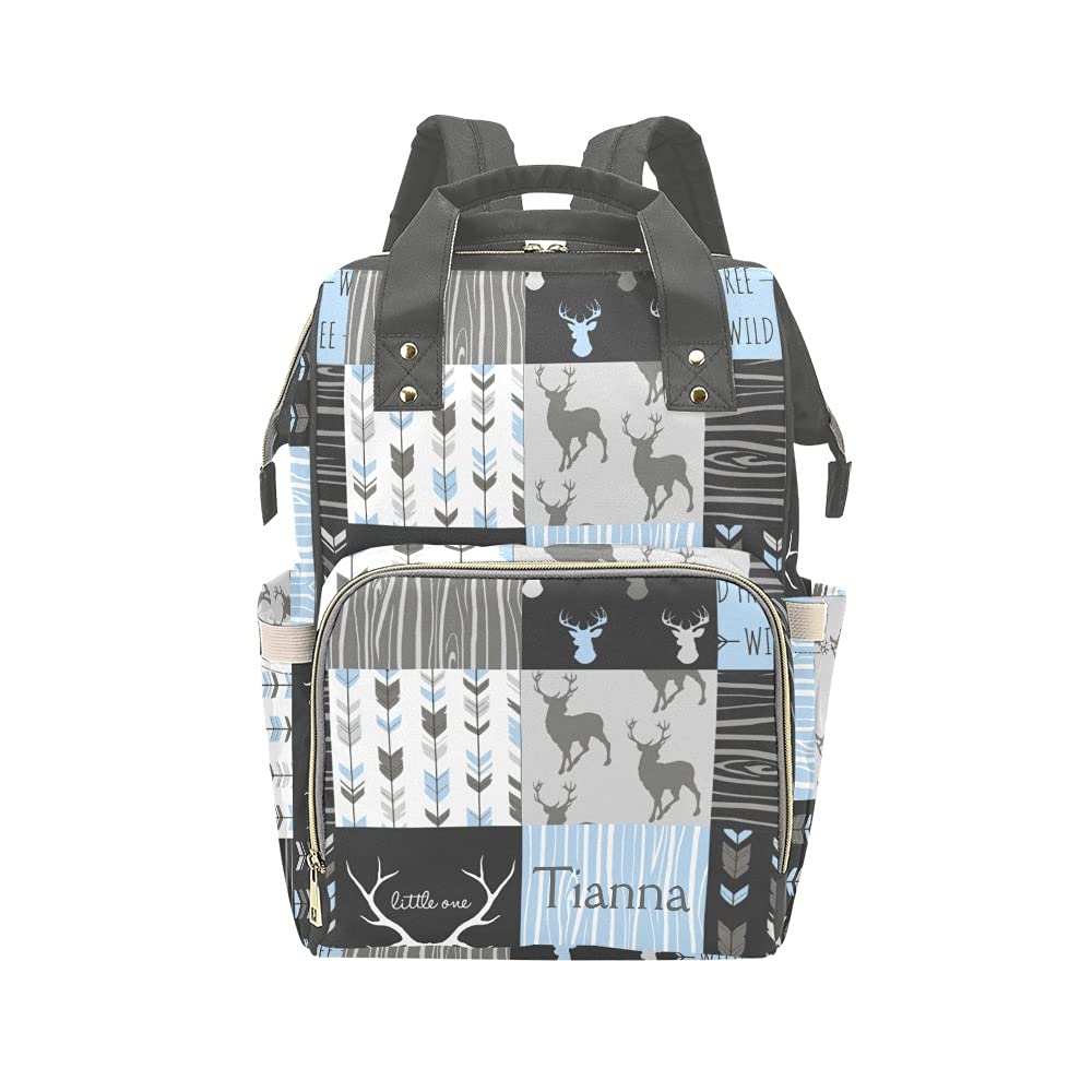 XOZOTY Deer Elk Antlers Feather Arrow Patchwork Diaper Bags with Name Waterproof Mummy Backpack Nappy Nursing Baby Bags Gifts Tote Bag for Women