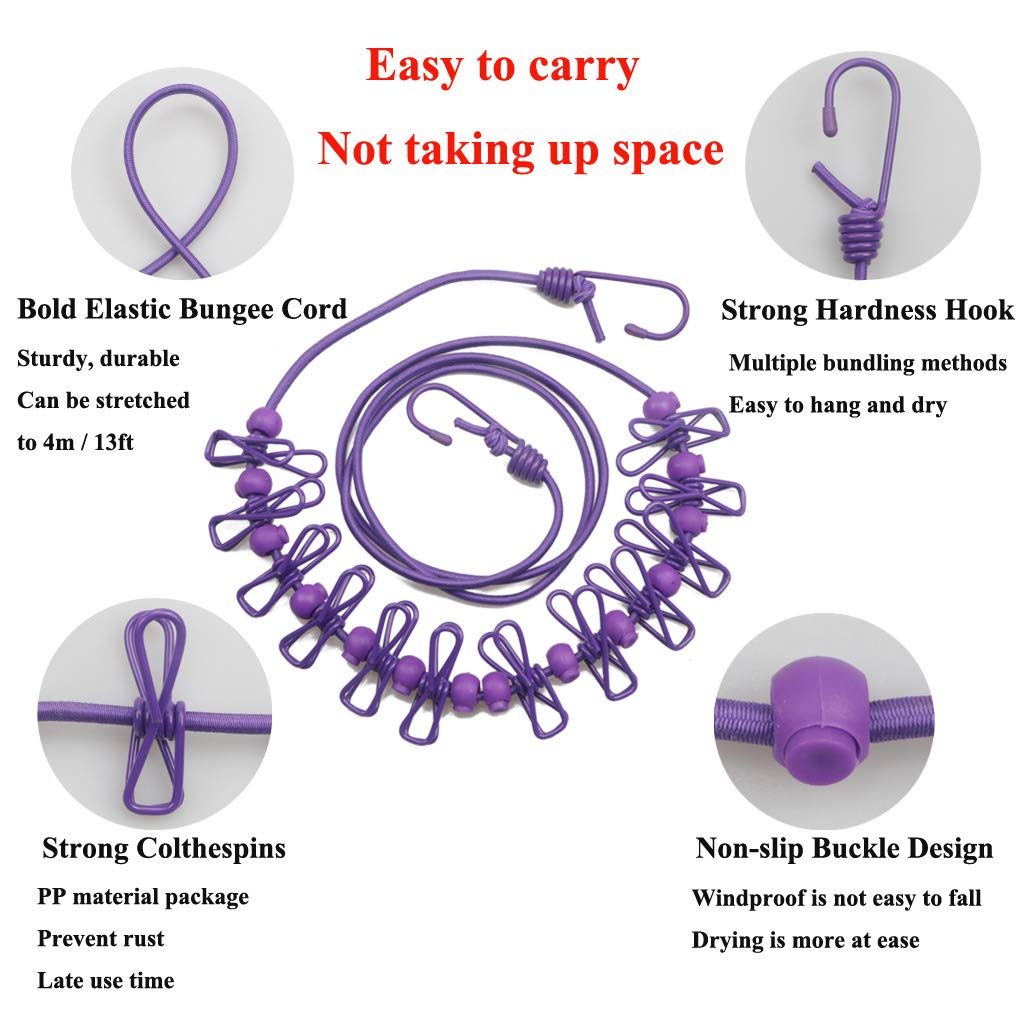 Puchin Adjustable Travel Clothesline, Elastic Portable Clothes Drying Rope  with 12-Piece Clothes Pegs, for Travel, Camping, Outdoor and Indoor Laundry  Drying Line (Purple + Black, 2) : Amazon.de: Home & Kitchen