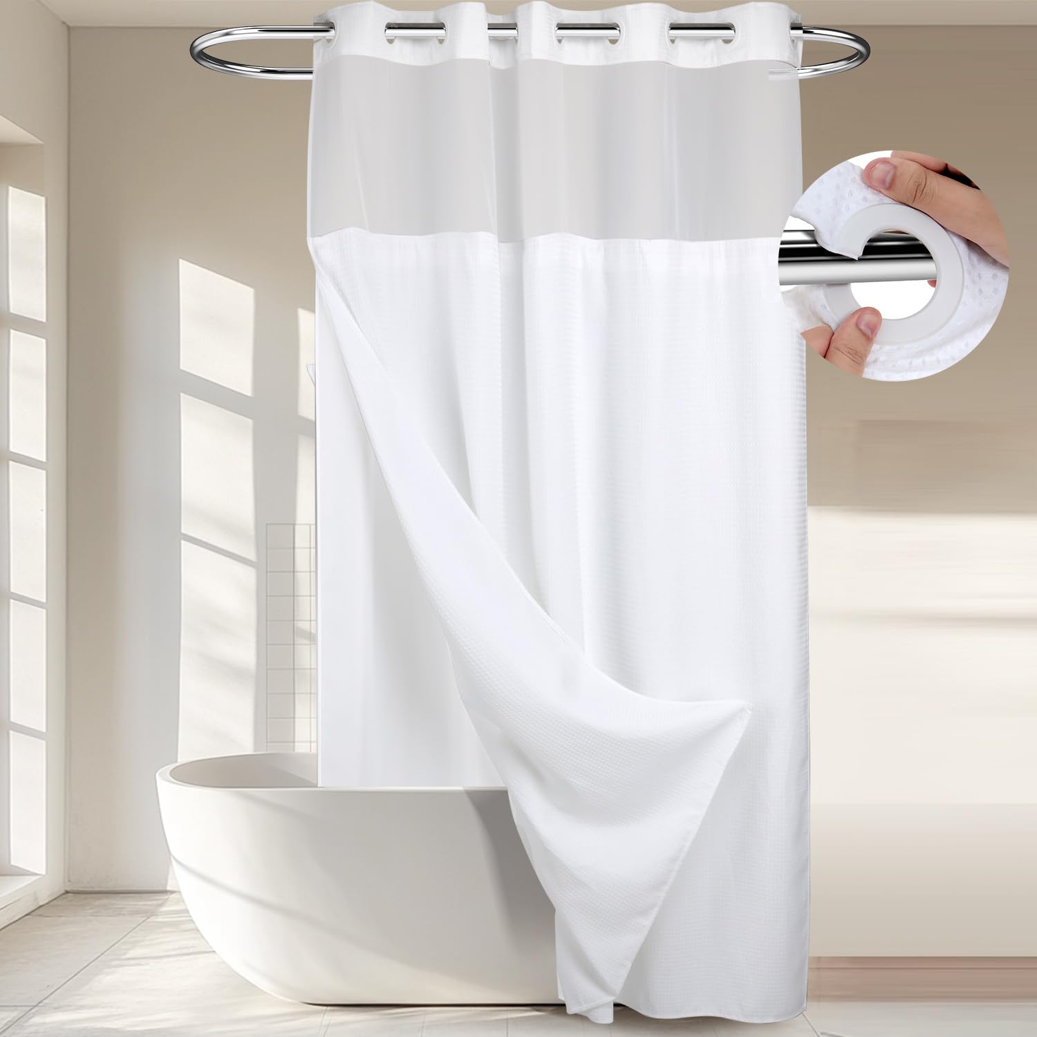 Extra Long Shower Curtains No Hooks Waffle Weave Shower Curtain with Snap in Liner - 71W x 86H,Hotel Grade,Spa Like Bath Curtain,White