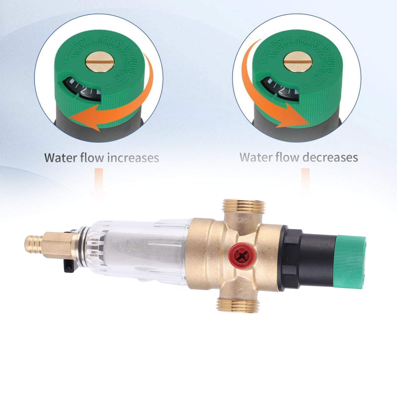 Filtr regulatora ciśnienia wody, miernik monitora, gwint 1 cala, adapter do rozmiaru 1/2 cala, filtr wstępny wielokrotnego użytku, stal nierdzewna klasy premium
