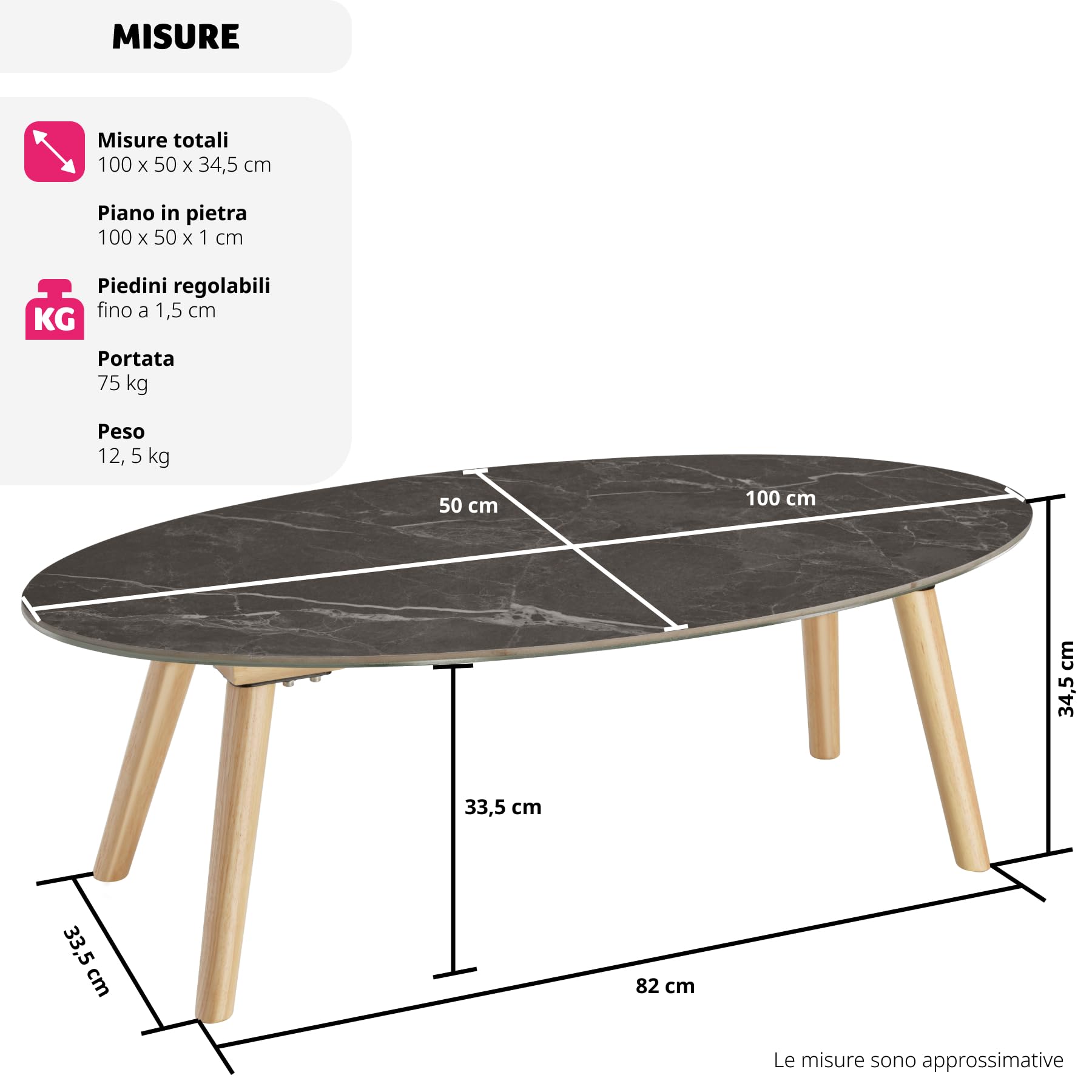 tectake® Tavolino da Salotto, Tavolo da Giardino, Tavolo da Caffè Ovale per Interno ed Esterno, Tavolino Effetto Marmo con Gambe in Legno Massiccio, 100x50x34,5 cm - Naturale