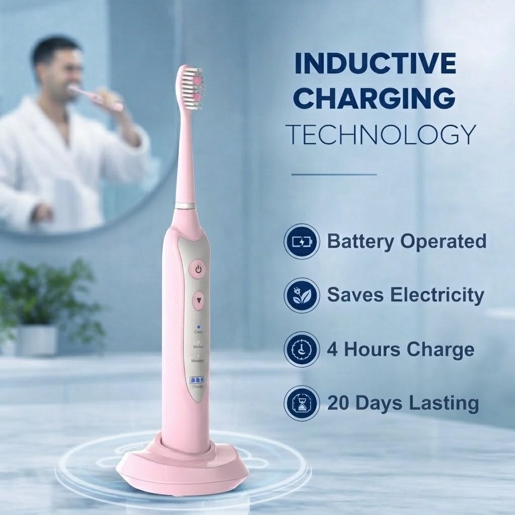 Sonic Elektrische Zahnbürste für Erwachsene mit 5 Zahnbürsten-Ersatzköpfen, 3 Putzmodi & 2 Minuten eingebautem Timer, Reisezahnbürsten mit induktiver Aufladung, wiederaufladbare Zahnbürste | Rosa