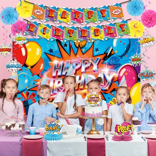 Image of Crenics Comic Theme Birthday Decorations - Colorful Happy Birthday Backdrop, Banner, Hanging Swirls, Honeycomb Centerpieces and Balloons for Hero Themed Party Supplies