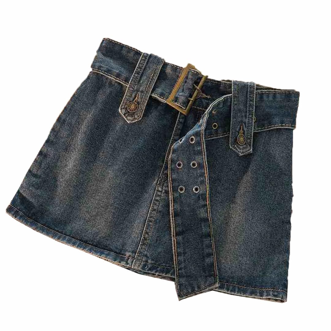 Minigonne in denim vintage da donna tinta unita con cintura gonne casual a trapezio