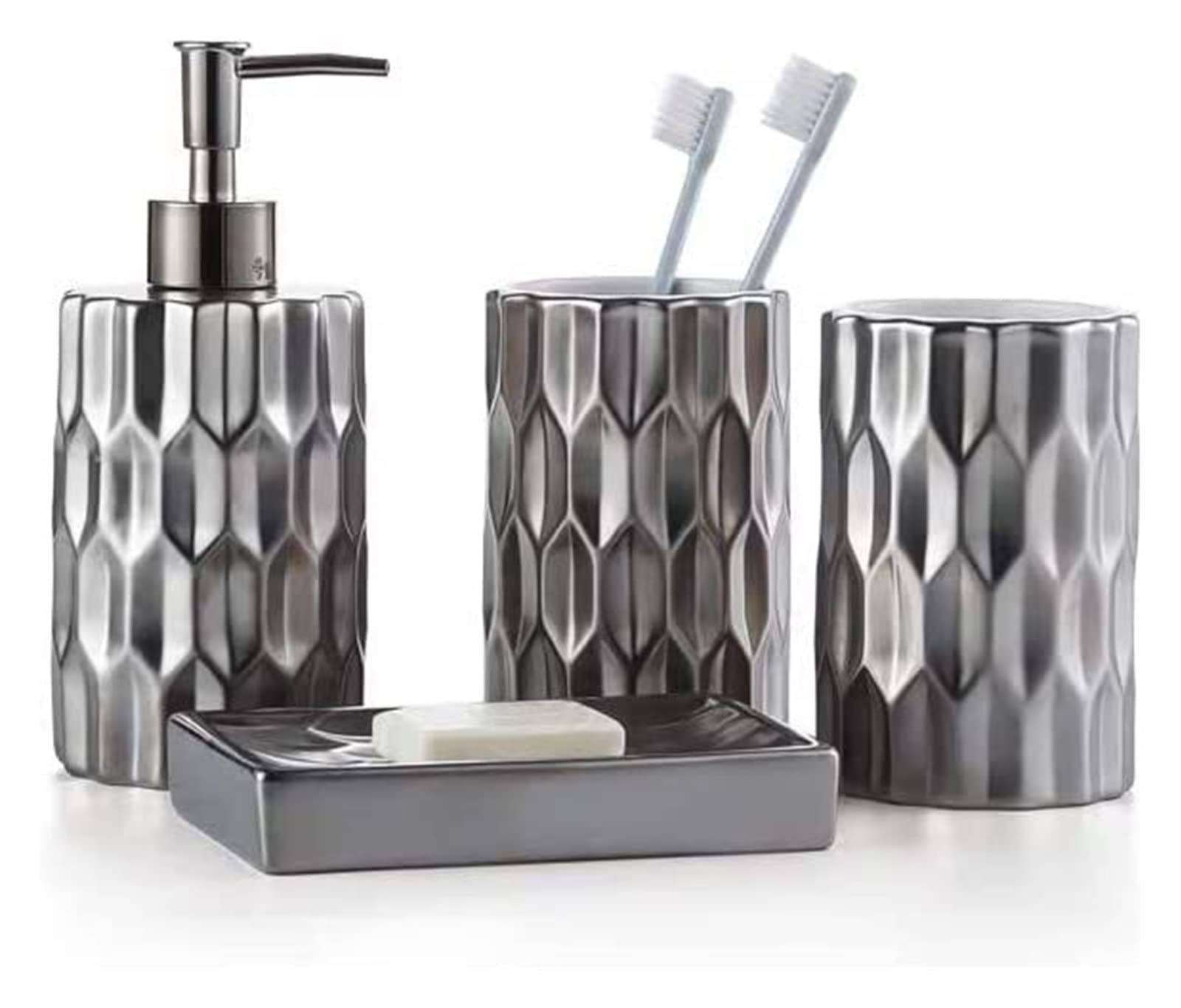 Set di biancheria da bagno in ceramica color argento, include portaspazzolino da denti, tazza e dispenser di sapone