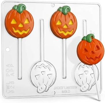 Pumpkin Jack O Lantern Lollipop Chocolate Candy Molds, Plastic, 4 Cavities, Item 928