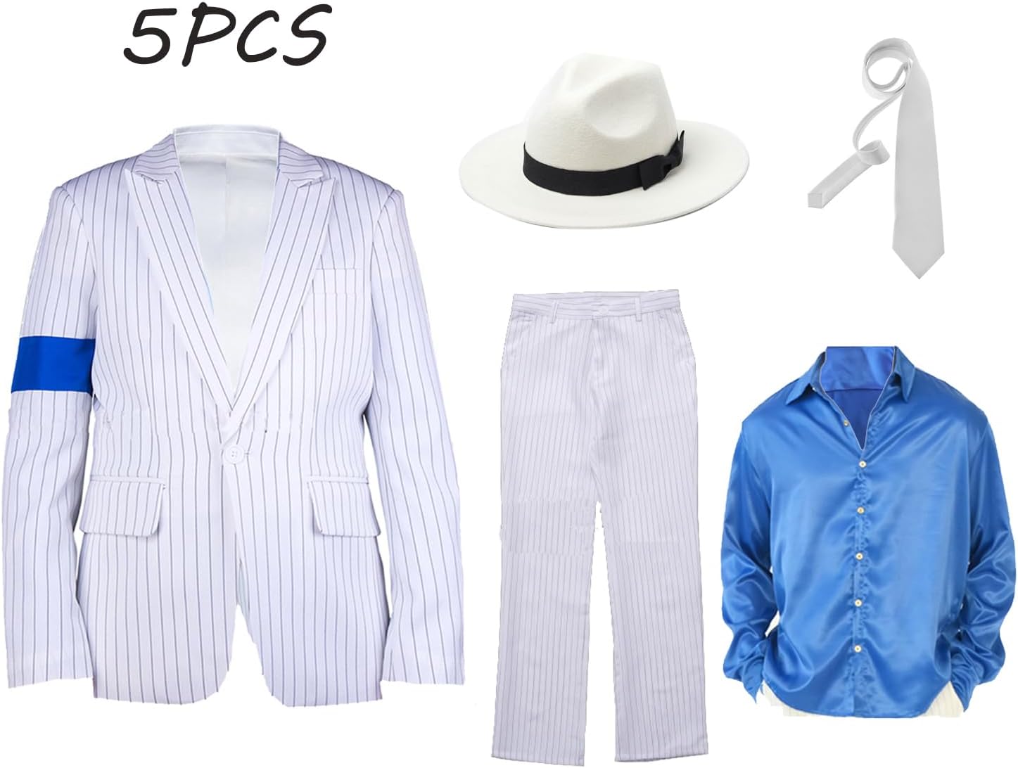 CHIGUO Men's White Striped Blue Armband Suit 70s Party Halloween Cosplay Costumes - Image 5