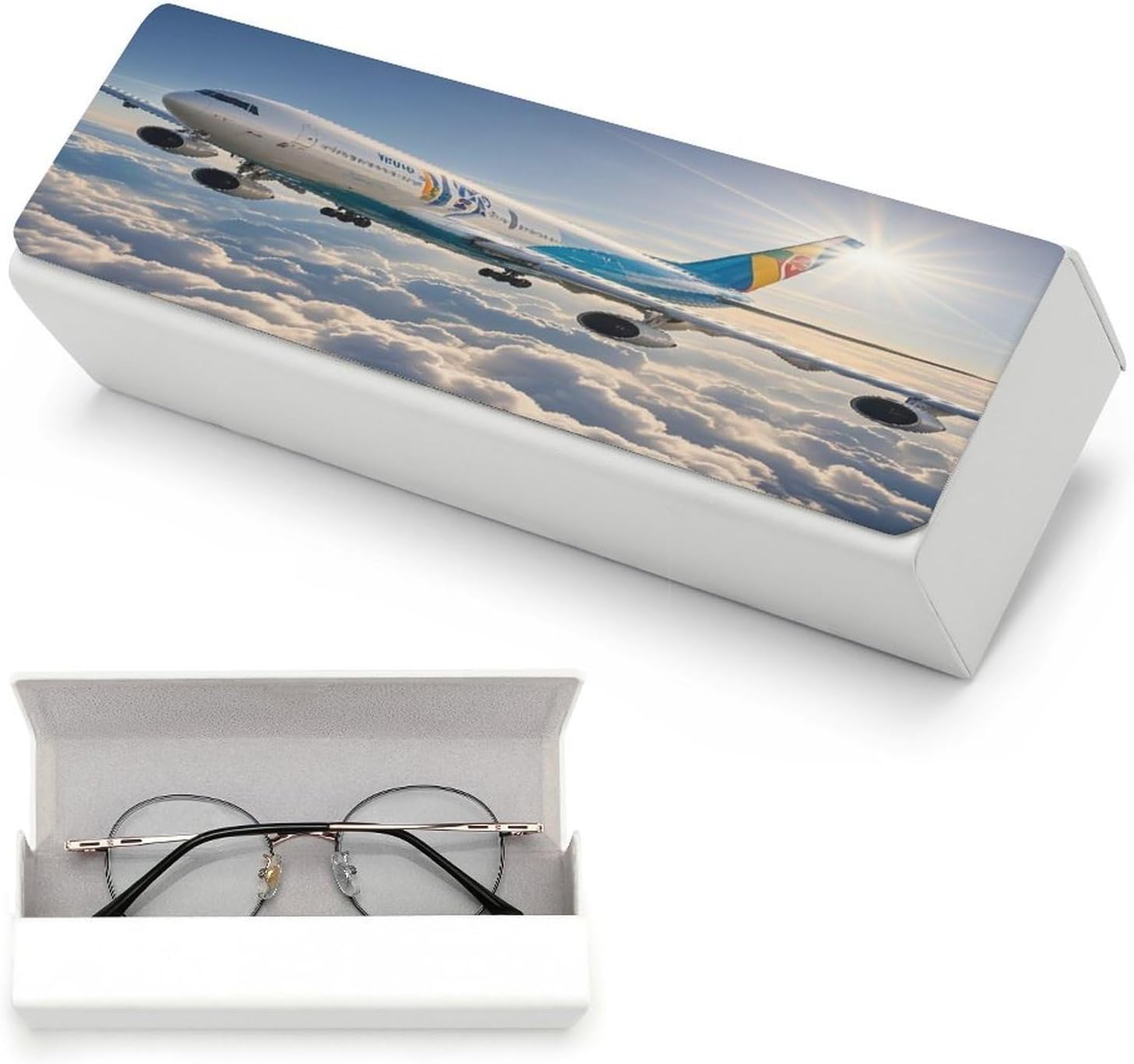 Airplane Eyeglasses Case Hard Shell for Men Women PU Leather Eyeglass Cover Fashionable Travel Sunglasses Cases Portable Reading Glasses Cover with Cleaning Cloth image 5