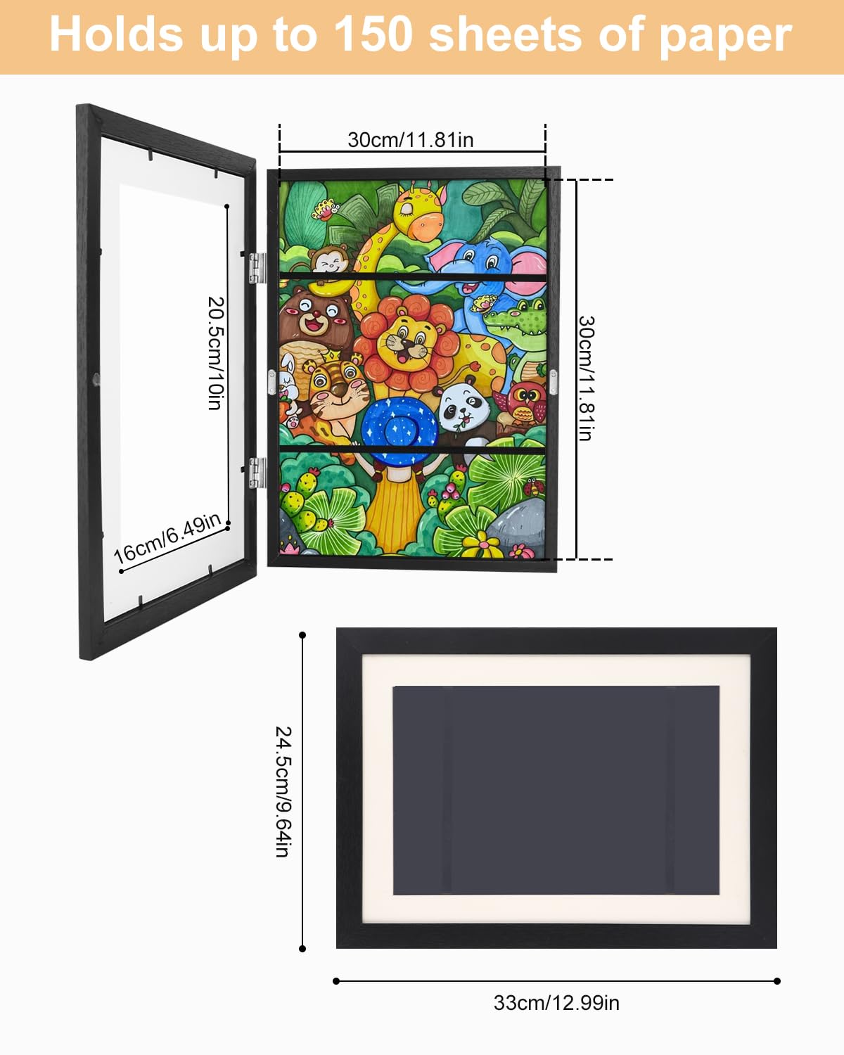 LEAZZLE Cornici artistiche per Bambini da 2 Pezzi,Cornici per Disegni per Bambini A4 Cornice d'Arte per Bambini con Apertura Frontale,punti metallici antitraccia (nero)