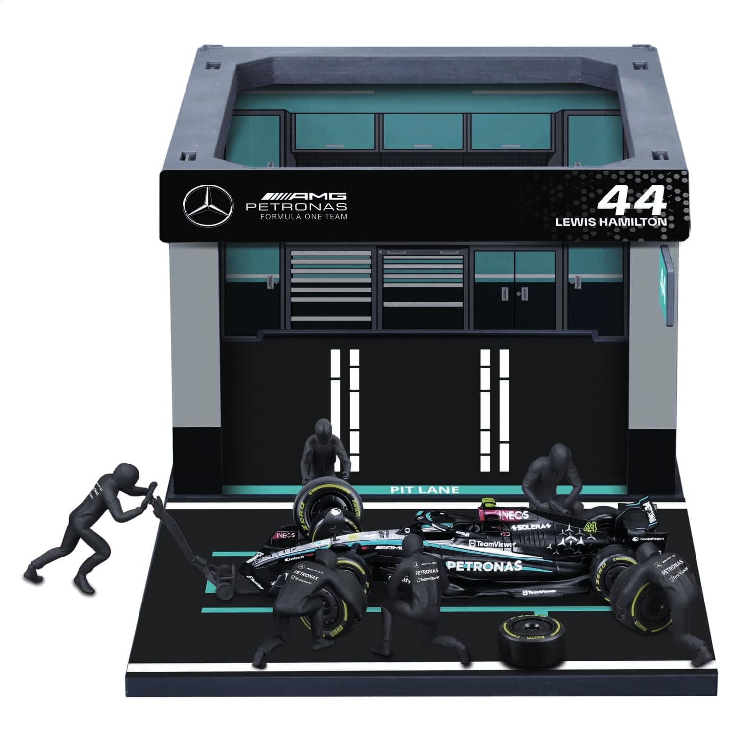 Bburago 18-38452H Mercedes AMG W15 2024 Formula 1 Pit Pass Diorama Lewis Hamilto