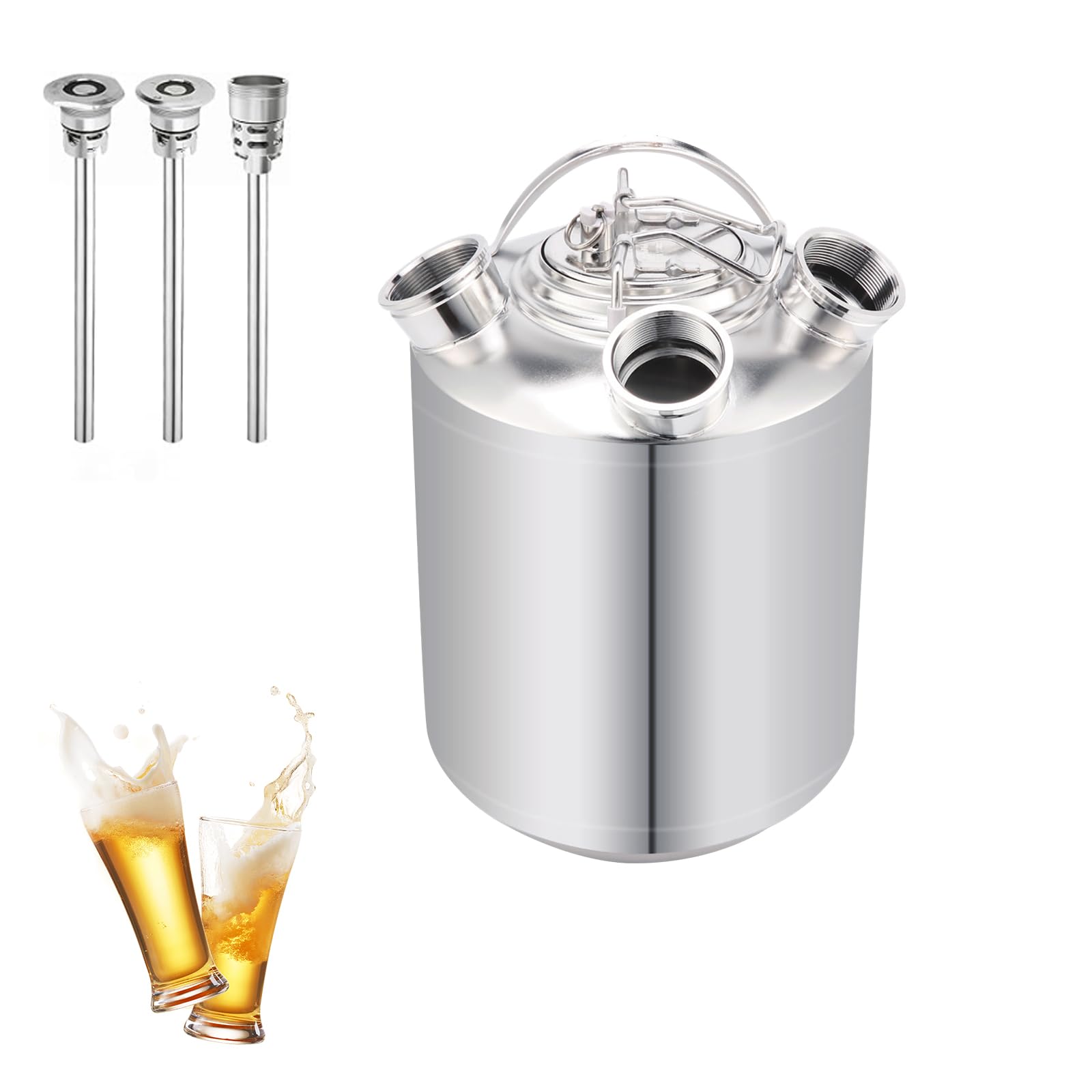10L Bier Reinigungsfass Edelstahl, 3 Kopf ReinigungsbehäLter mit Deckel und Keg-Spießen A,A,S, Bier-Reinigungsfass für Hausbrauerei, Hotel-Bar, Pub