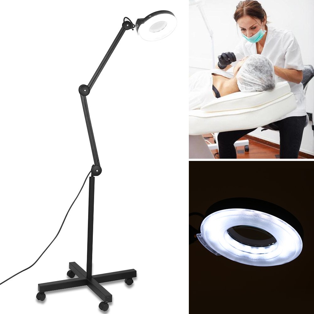 Wakects - Lámpara de trabajo con lupa (5 ledes, 5 dioptrías, base de polea móvil, apta para esteticianas, laboratorios y trabajo de precisión