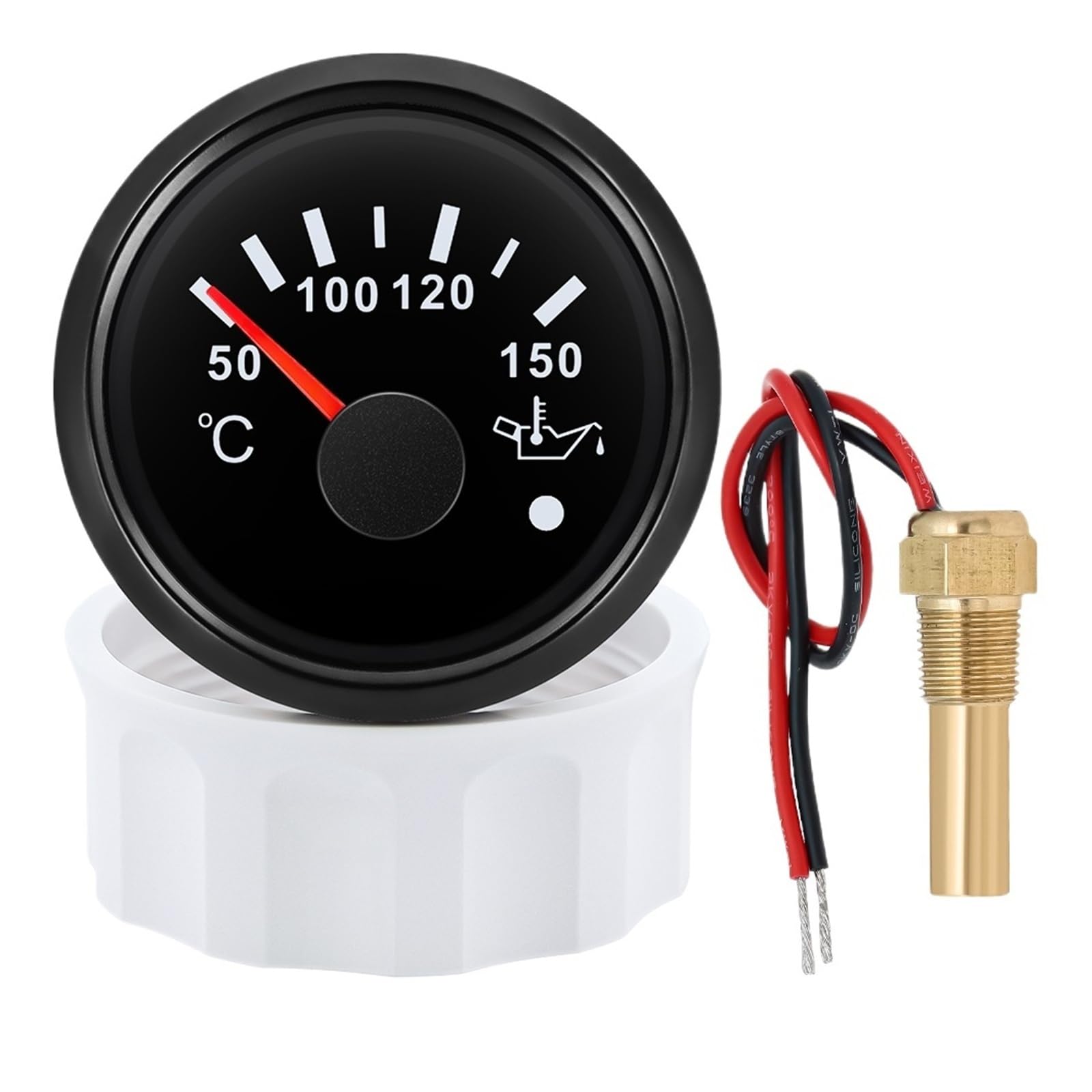 Wskaźnik temperatury oleju z 7 kolorami światła i migającym alarmem, miernik temperatury oleju LED 52 mm + czujnik 1/8NPT do łodzi samochodowej Wysoka widoczność(Black)