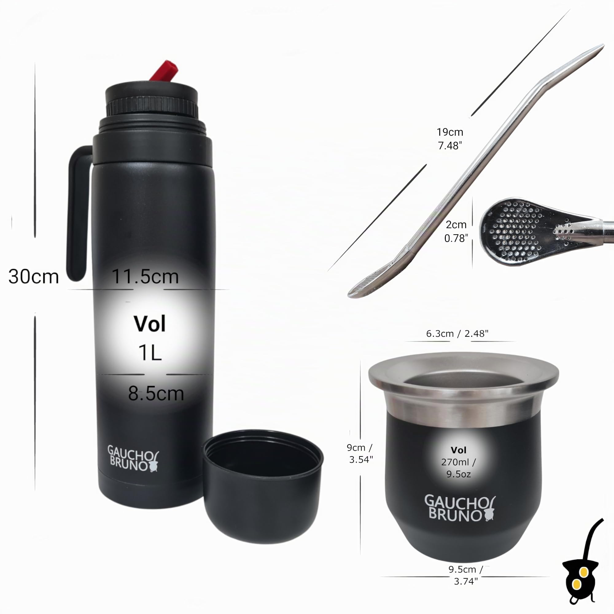 Gaucho Bruno - Mate termico in acciaio inossidabile per bere Yerba Mate | Mantiene la temperatura della bevanda | Con Bombilla | Borraccia da 1 litro con l'iconico beccuccio di precisione pico Cebador
