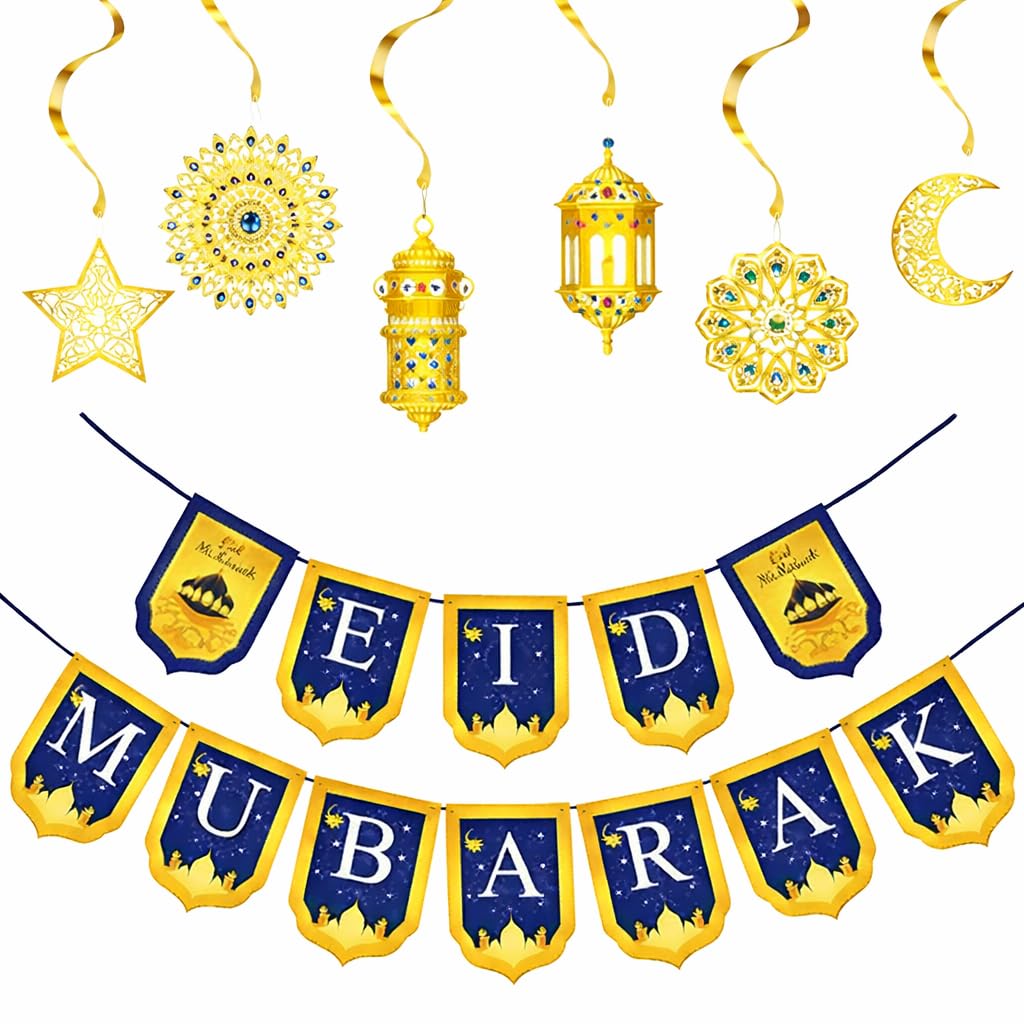 eBoutik - Eid Mubarak Banner Blue & Gold – Ramadan & Eid al-Fitr/Eid al-Adha Decorations – Pre-Assembled Islamic Bunting Garland for Home, Garden & Party – Kareem Festival Spiral Hanging Decor