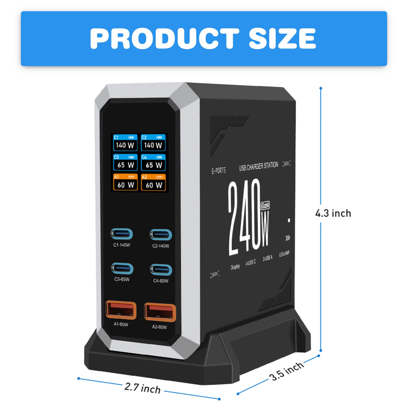240W ładowarka USB C wieloportowa z 6 portami, ładowarka USB C wieloportowa z 4xUSB-C & 2xUSB-A, PD140W, 65W, 60W stacja ładowania Power Delivery USBC dla MacBook Pro/Air, iPhone, iPad, Samsung
