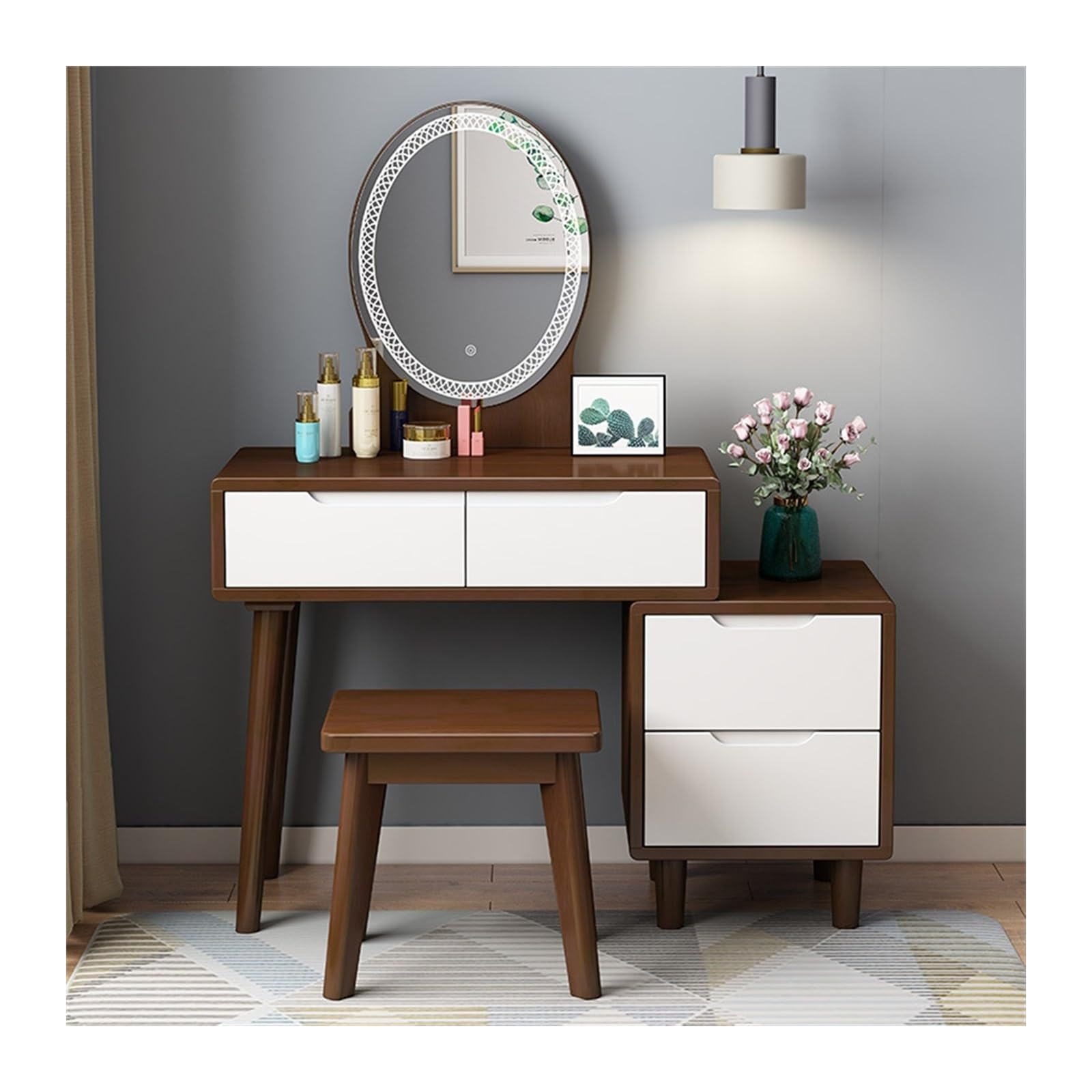 CGCSYZ Vanity Desk Vanity Desk With Mirror and Lights, Modern Wooden Vanity Makeup Table and Stool Set with 4 Drawers, Dressing Table Set for Bedroom Makeup Dressing Table (Walnut+white L 80cm)