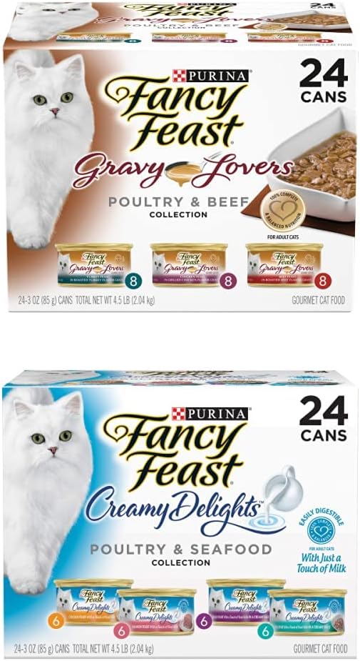 Purina Fancy Feast Gravy Wet Cat Food Variety Pack, Gravy Lovers Poultry & Beef Feast and Creamy Delights & Seafood Collection